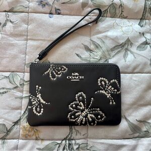 Coach Black Wristlet Sequin Sparkle Butterfly Embroidery